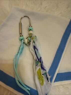 Aqua Bead and Fabric Tassel Keychain Charm